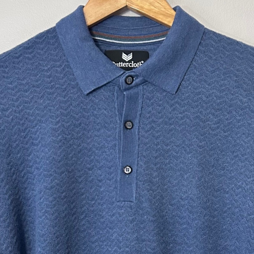 Buttercloth Sweater Polo Mens L Blue Chevron Textured Knit Long Sleeve Pullover